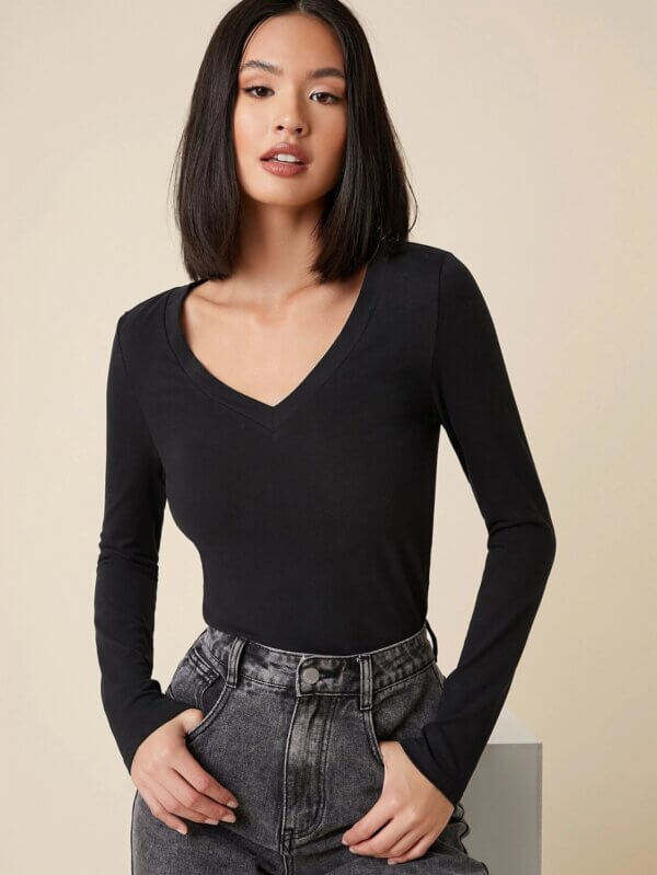 Solid V Neck Tee - Image 3