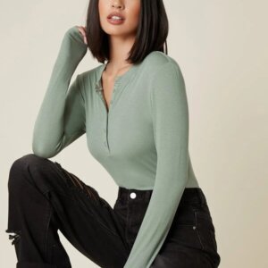 Button Half Placket Rib-knit Tee