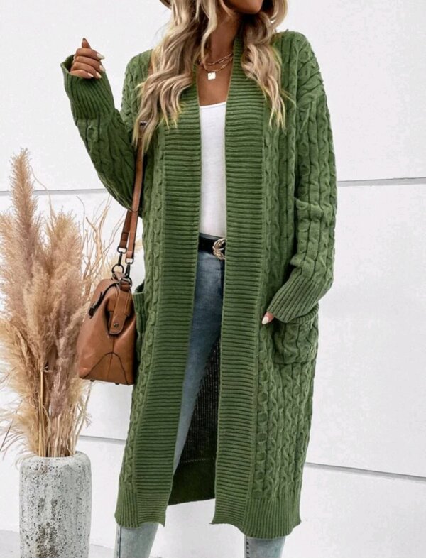 Dual Pocket Drop Shoulder Cable Knit Duster Cardigan - Image 2