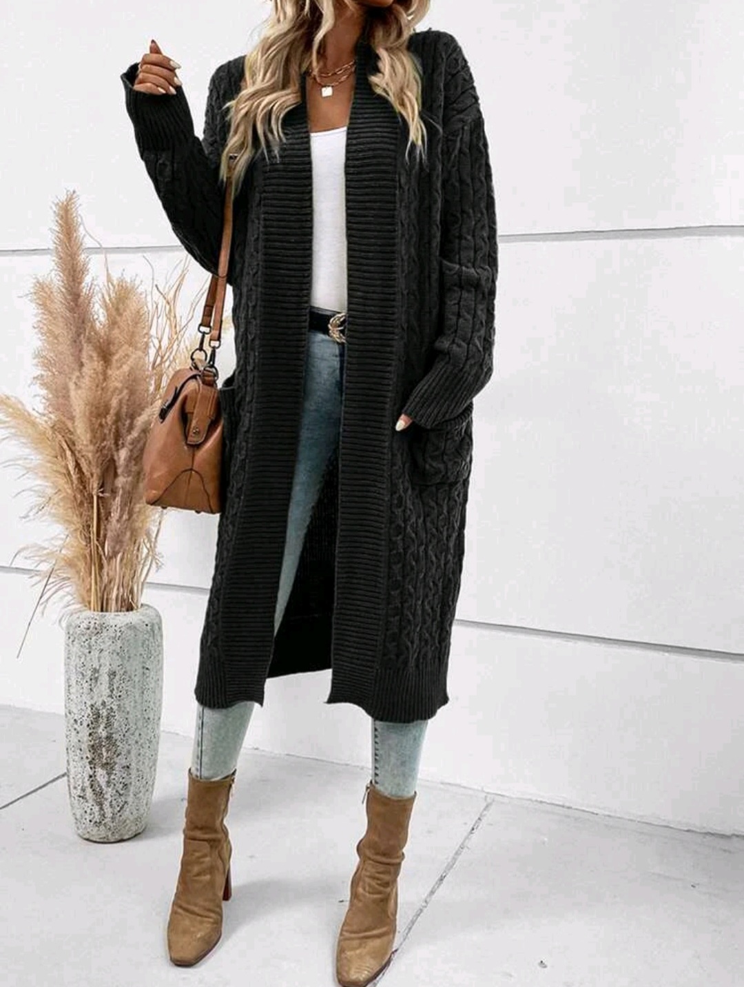 Dual Pocket Drop Shoulder Cable Knit Duster Cardigan - Spoil Me