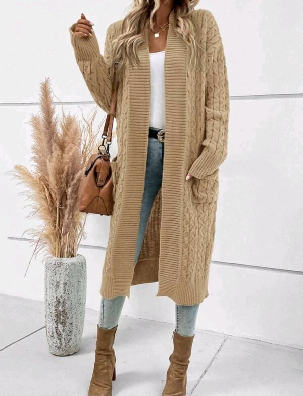 Dual Pocket Drop Shoulder Cable Knit Duster Cardigan - Image 6